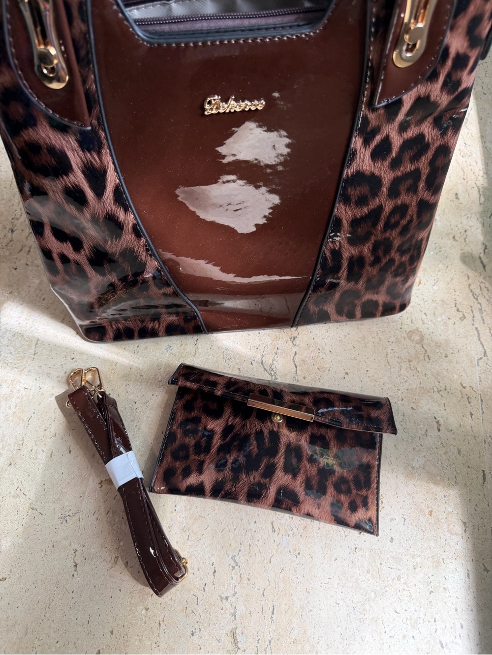 Glossy Leopard Print Crossbody/Double Handle Tote with Wallet NEW - Picture 8 of 8